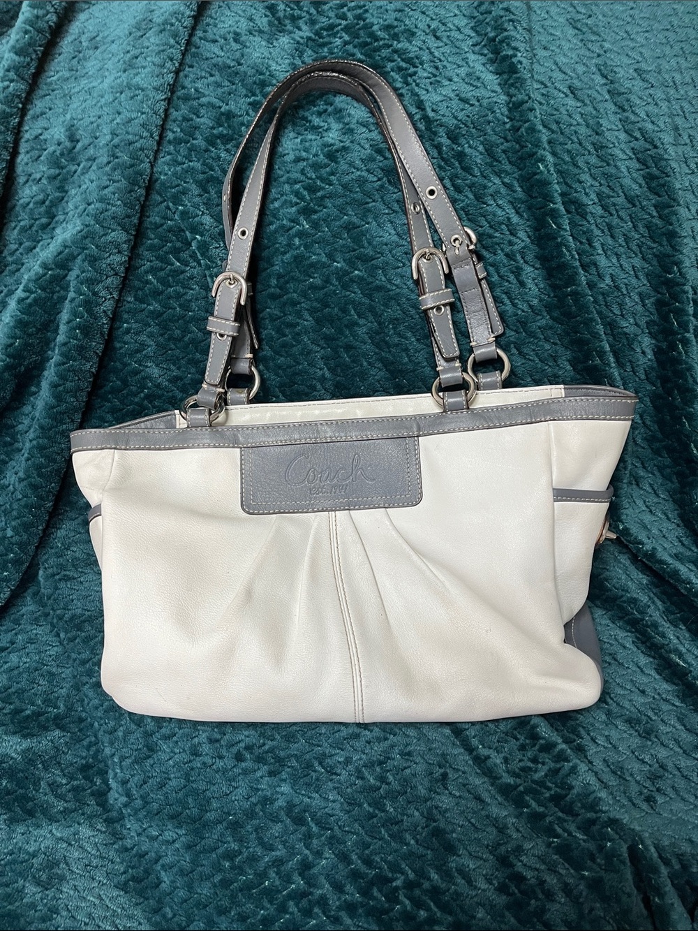 Coach Two-Tone Leather Shoulder Tote in White and Gray